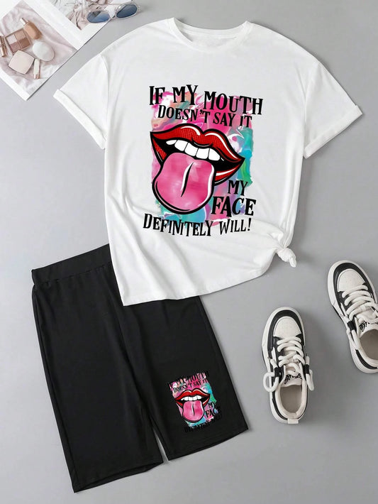 My Mouth Doesn'T Say It Printing Women T Shirts Two Piece Set Fashion Novel Short Sets New Summer Breathable Shirt Shorts Female