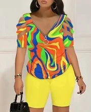 Cold Shoulder T Shirt Shorts Set Women 2 Piece Set Zipper V Neck Womens Short Pants Set Casual Femme Top Set Summer Suit