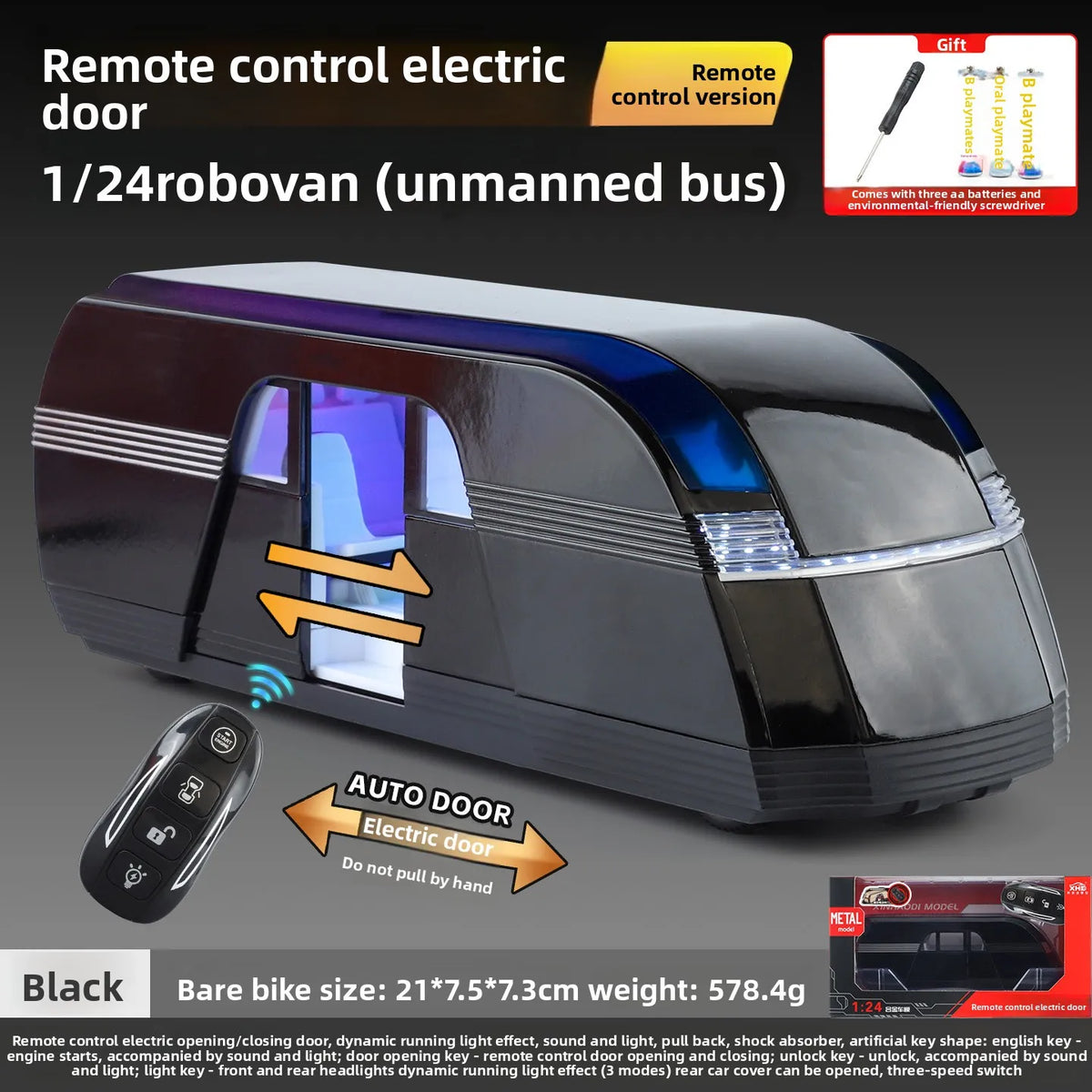 1:24 Remote Control Bus Electric Door Opening, Pull Back, Light Sound High-Tech Decoration, Toy for Kids Adult Collection