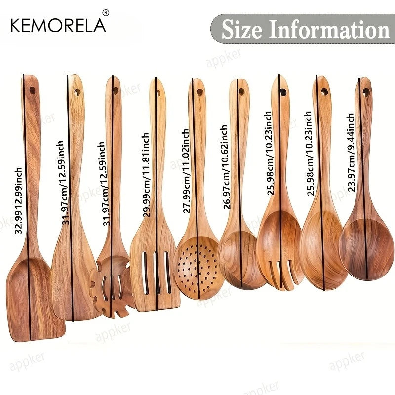9PCS Acacia Wood Kitchen Utensils Set - Natural Wood Cooking Spoons, Spatulas, Noodle , Non-Stick, Durable Wooden Cookware