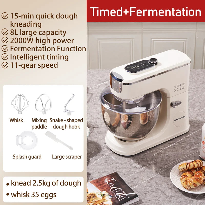 SUNATUR 8L Stand Mixer Machine 2000W Electric Kitchen Blender Household Auto Dough Kneading Egg Beating Cream All-in-One Mixer
