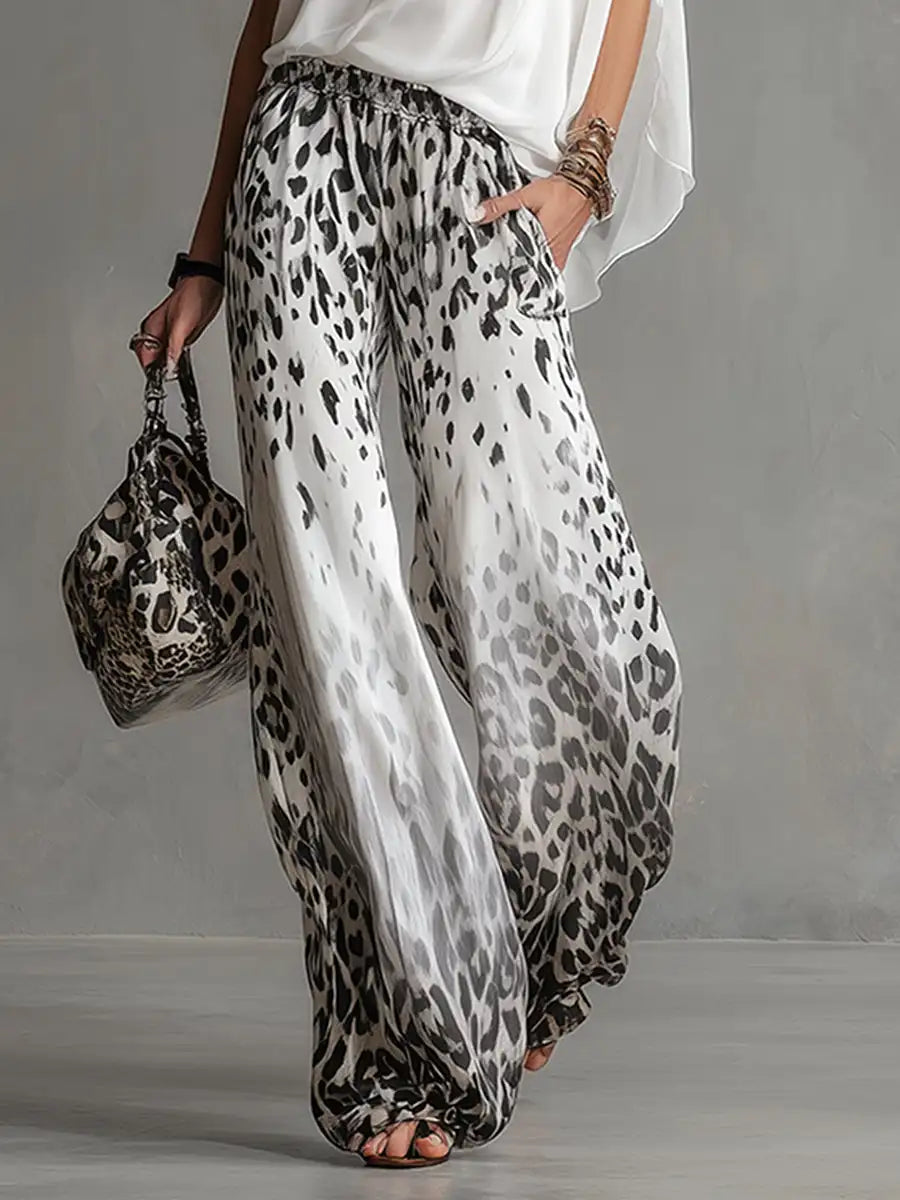 Chiffon Women Summer 2PCS Matching Set O-Neck White T-shirt And Leopard Print Wide Leg Pant Pocket Ladies Outfit Streetwear