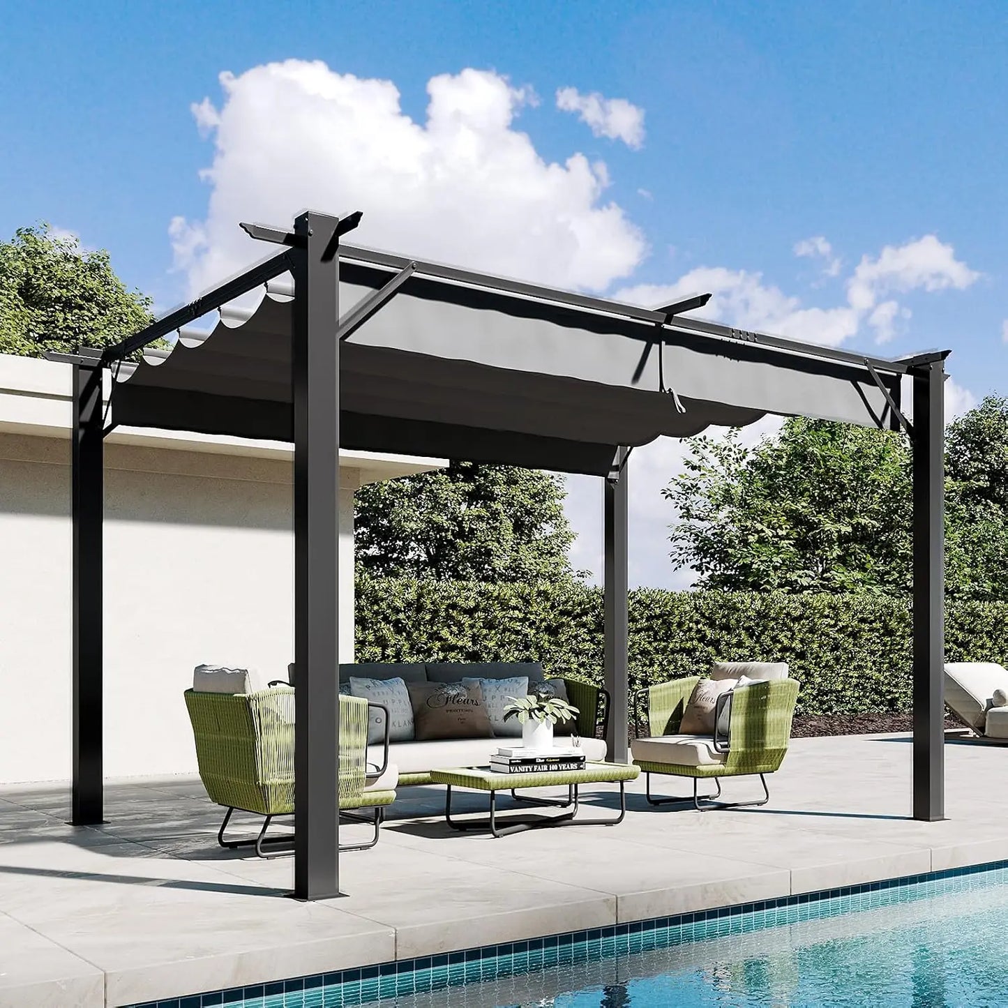 10'x12' Outdoor Retractable Pergola, Upgraded Adjustable Sun Shade Canopy, Sturdy Metal Gazebo for Modern Backyard,, Custom