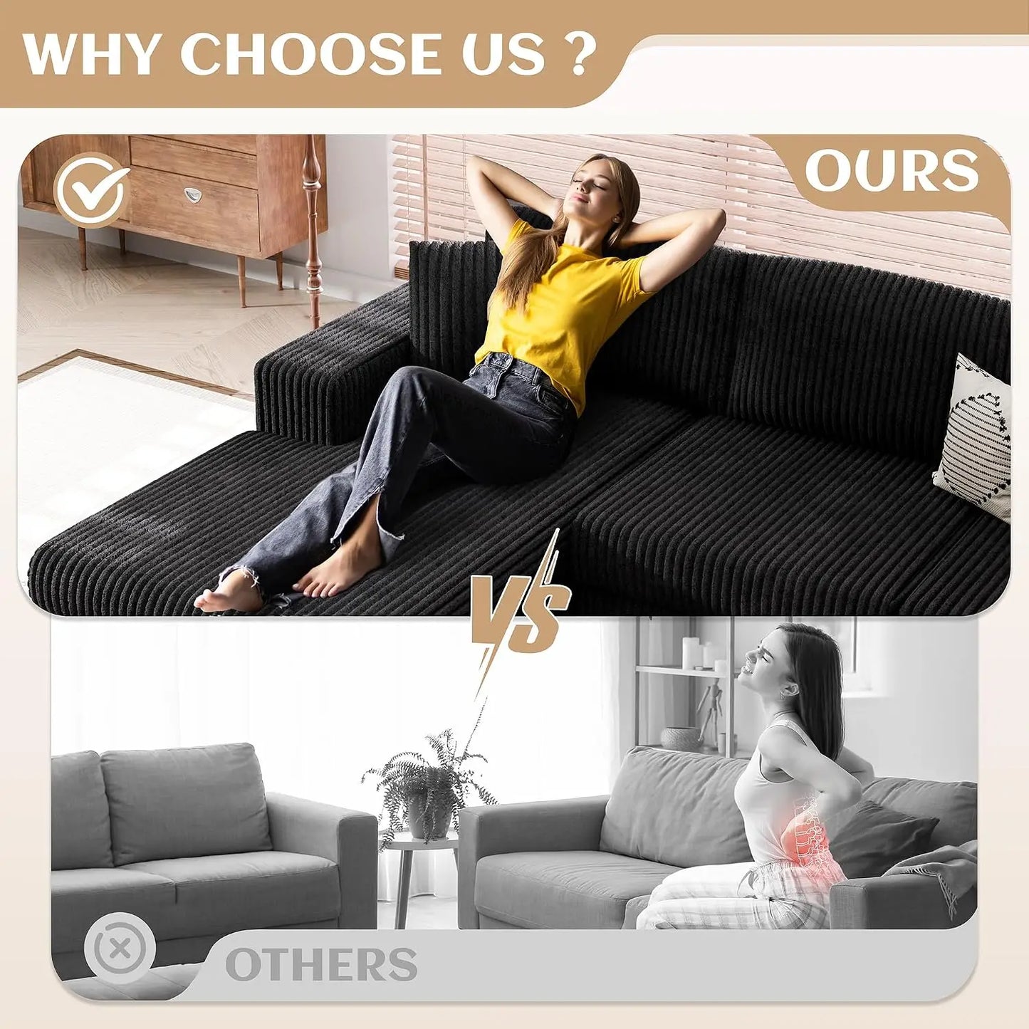 105" Boneless Couches for Living Room, Sectional Couches Modular Sofa with L-Shaped Chaise, Memory Foam Comfy Cloud, Customized