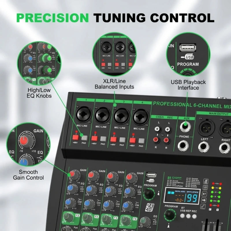 MW-6 Black 6-Channel Audio Mixer with Noise Reduction DJ Console | Bluetooth & USB Playback, Portable Controller Mixer, DSP 99 Preset Effects, Live Streaming, Podcasting, Home Party