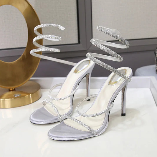 Fashion Summer Snake Twine Around Crystal Women Sandals Luxury Rhinestones Thin High heels Gladiator Sandals Party Prom Shoes