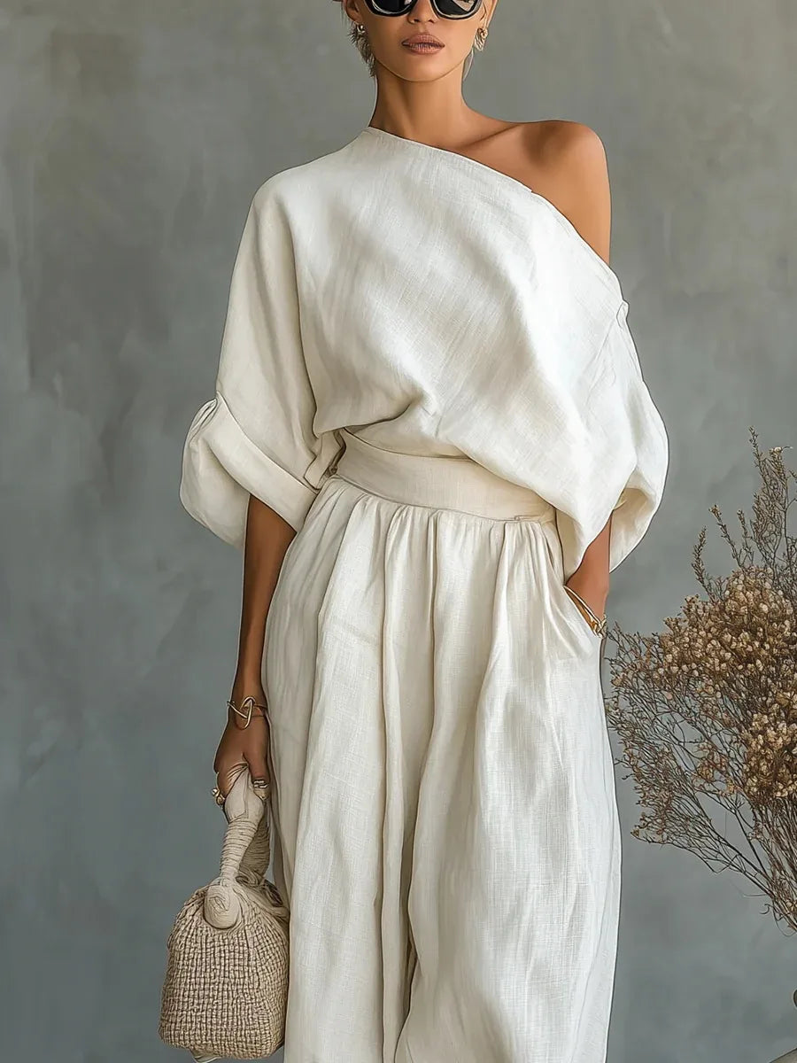 2026 One Shoulder Linen 2 Piece Set Women Roll Up Sleeve Waist Belt High Waist Lantern Pants White Breathable Casual Daily Beach