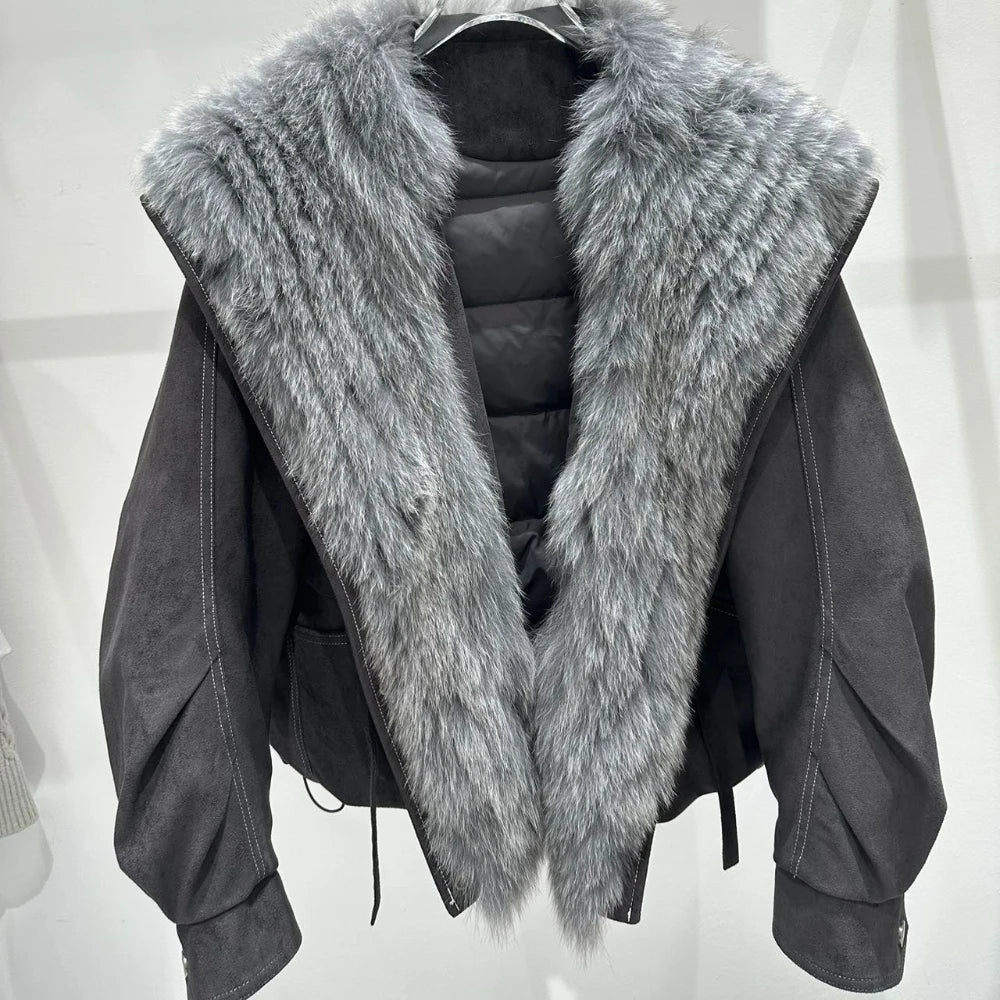OFTBUY Real Fox Fur Collar Goose Down Jacket Winter Windproof Heavy Padded Coat Women Cropped Puffer Jacket Casual Outerwear