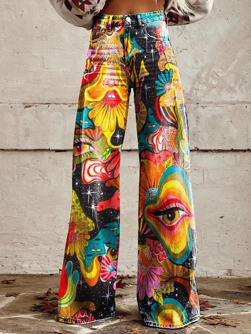 Women's 3D Printed Flare Jeans-Polyester Wide Leg Pants with Distressed Vintage Look, High Waist Comfort Fit for Street Fashion