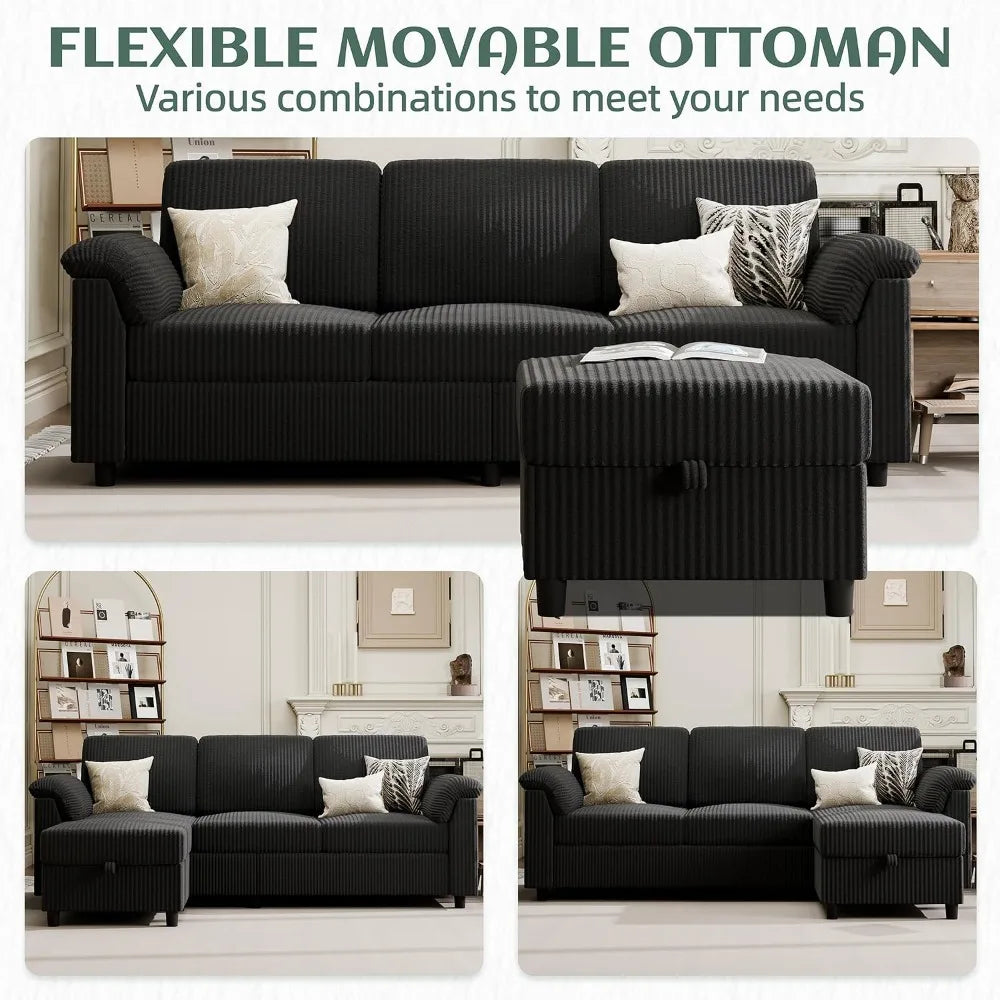 Convertible Sectional Couch 3 Seat L-Shaped Sofa with Pillows Corduroy for Living Room Apartment Office Black