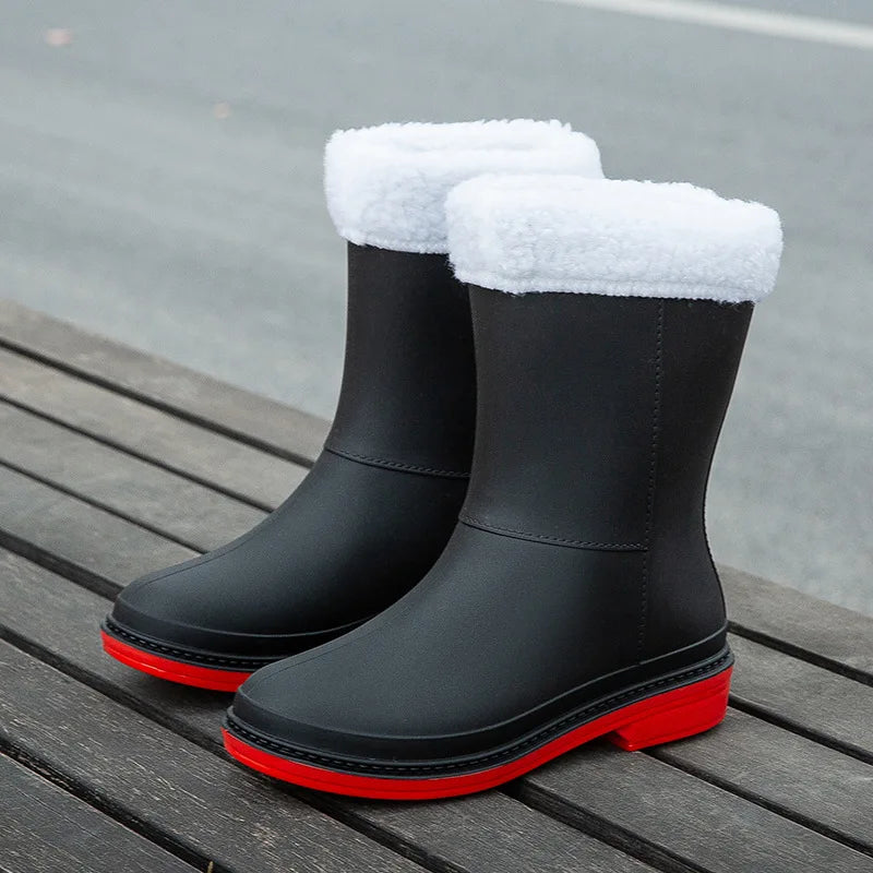Rubber Shoes for Women Fashion Mid Calf Boots Comfort Waterproof Rain Galoshes Woman Work Garden Gum Boots Offers