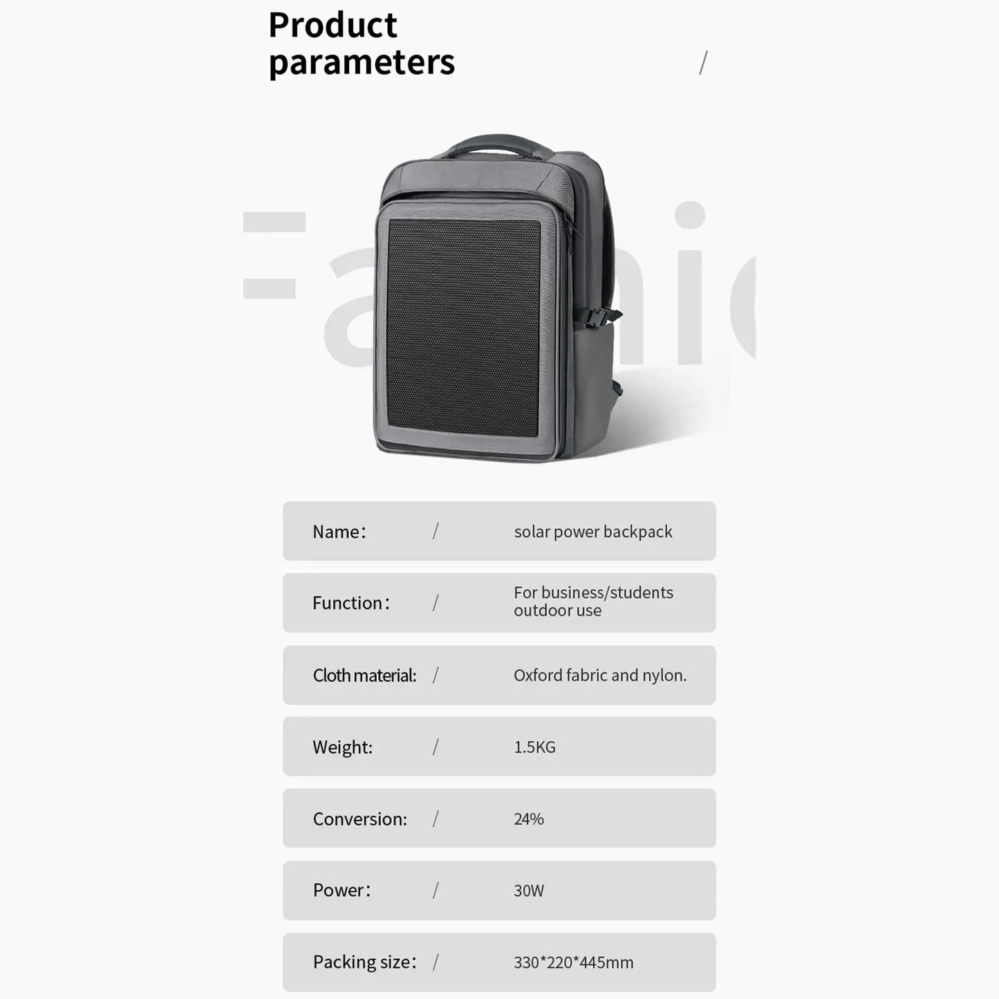 44x32x17cm 35L Solar Charging Backpacks 30W Solar Panel Oxford Cloth Lightweight Waterproof Zipper Bag Outdoor Bag Accessories