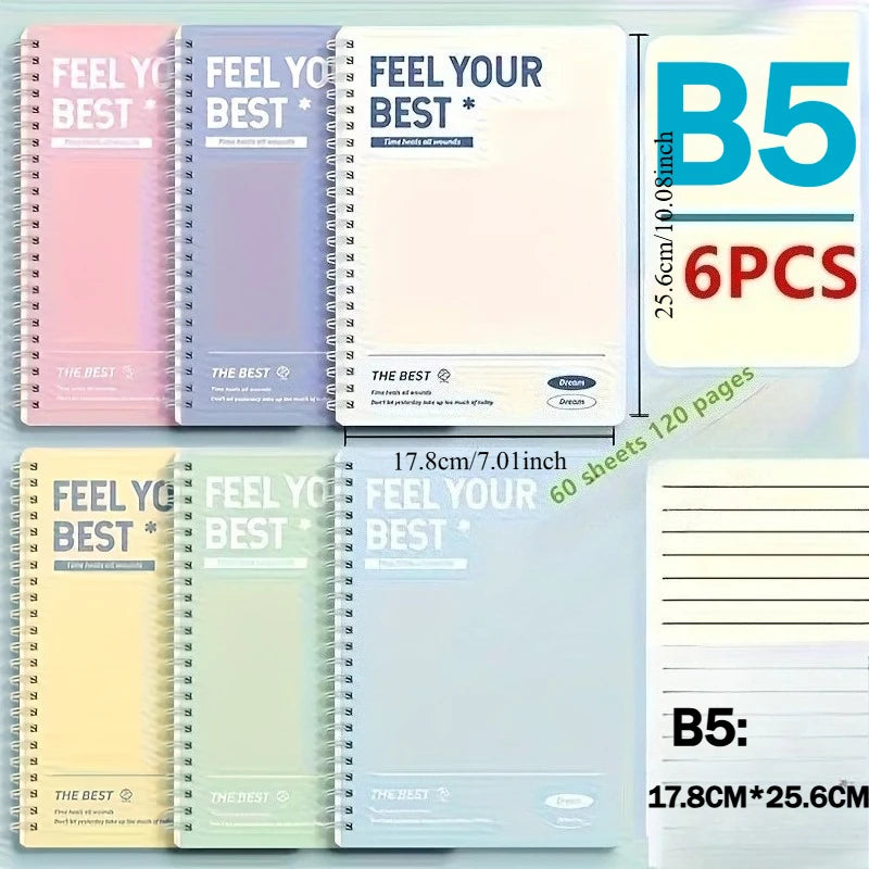 6pcs Spiral Notebook, Simple A5/B5 Hardcover Spiral Notebook, Tear-out Pages with Horizontal Lines, Office and School Supplies