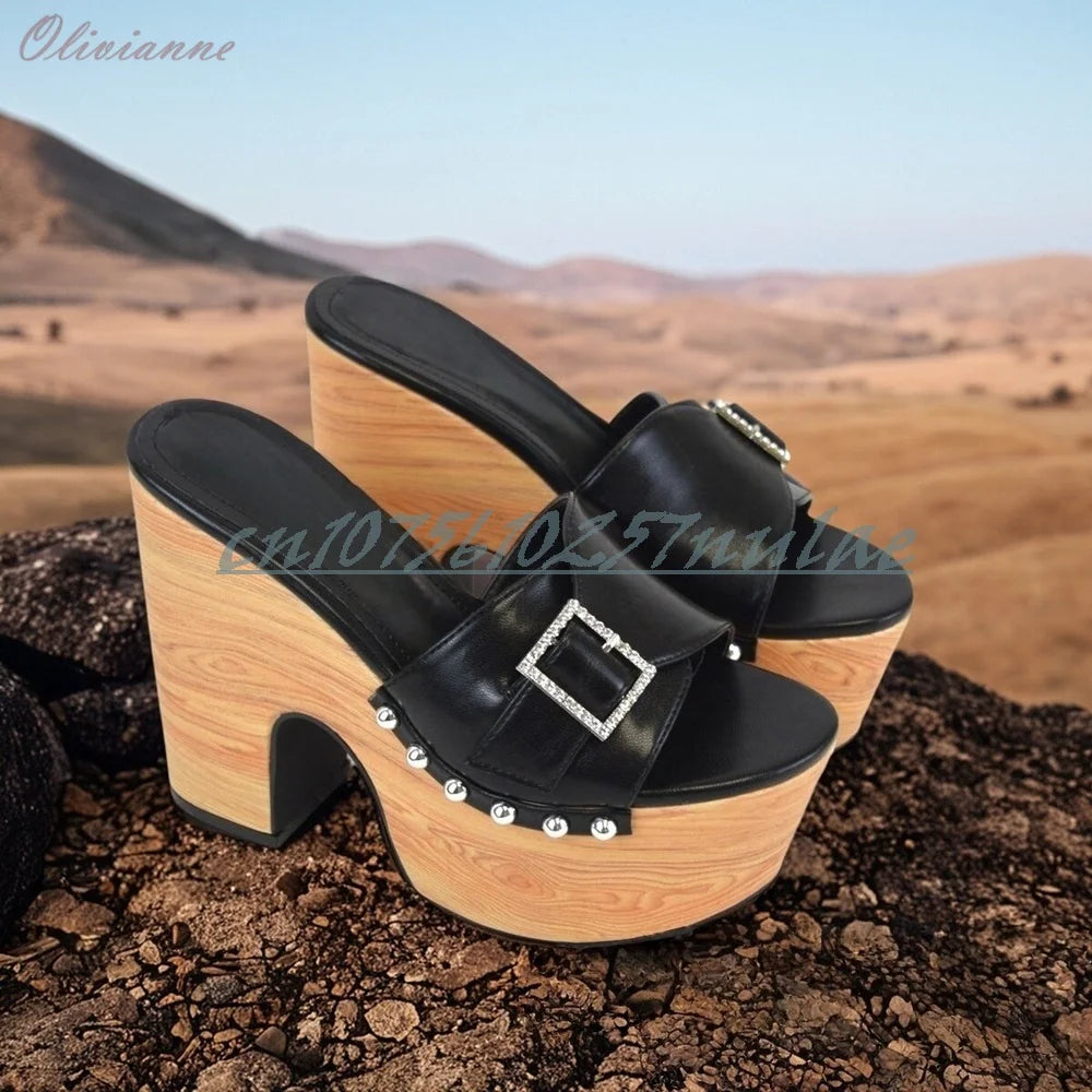 Front Buckle Belt Strap Elegant Outside Slippers Thickness Chunky High Heel Stde Round Rivets Summer Zapatos Para Mujere 2026
