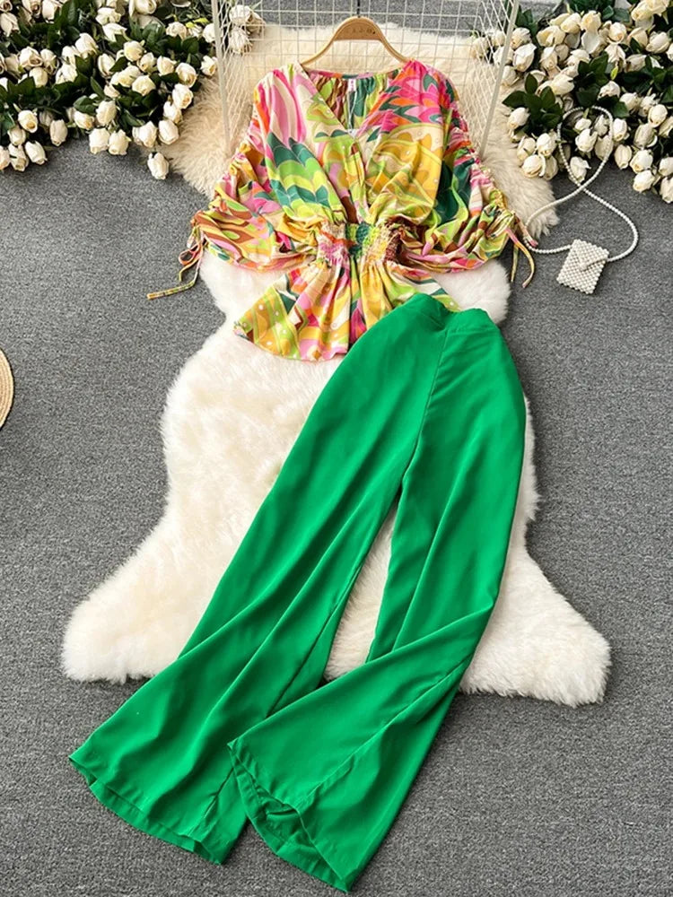 New Summer Women's Fashion Set Beach Vacation Short Sleeve V-neck Waist Loose Shirt Wide Leg Pants Two Piece Set A77