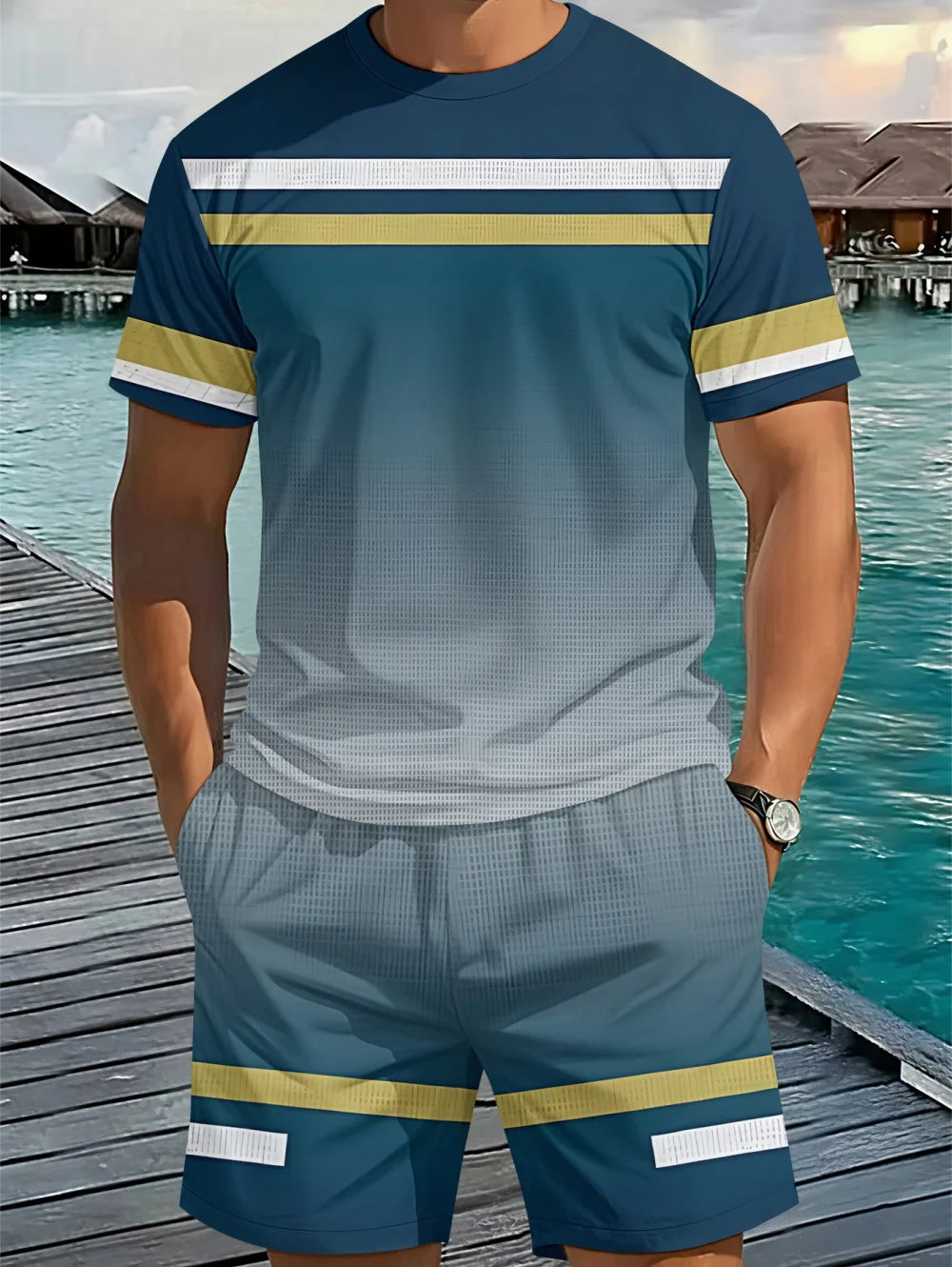 Men's Classic Stripe Printed T-Shirt Shorts Set Plus Size Short Sleeve T-Shirt and Drawstring Shorts Summer Casual Two Piece Set