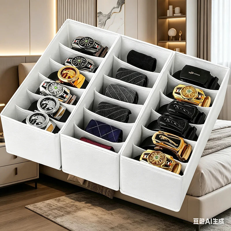 2-Pack Foldable Belt Organizer - 6-Grid Closet Storage Box for Ties/Clothes, White Fabric Space Saver