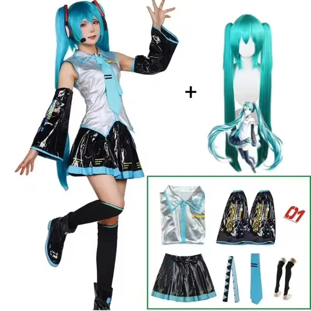 Miku Cosplay Silver Leather Fabric Suit Miku Cosplay Costume JK Sailor Dress High School Halloween Uniform Wig