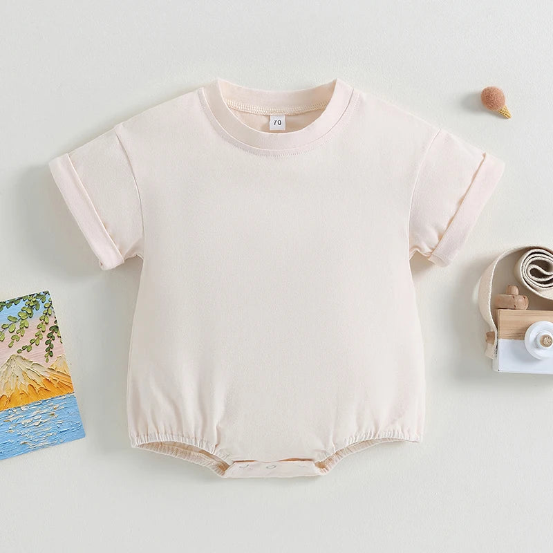 Baby Boy Girl Solid Color Short Sleeve Bubble Romper Oversized T-Shirt Bodysuit Top Summer Baby Jumpsuits Clothes