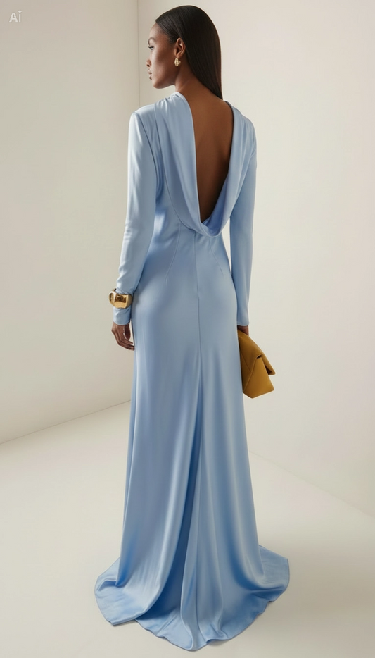 Satin Sky Blue Open-Back Long-Sleeved Maxi Dress for Elegant Evening Wear