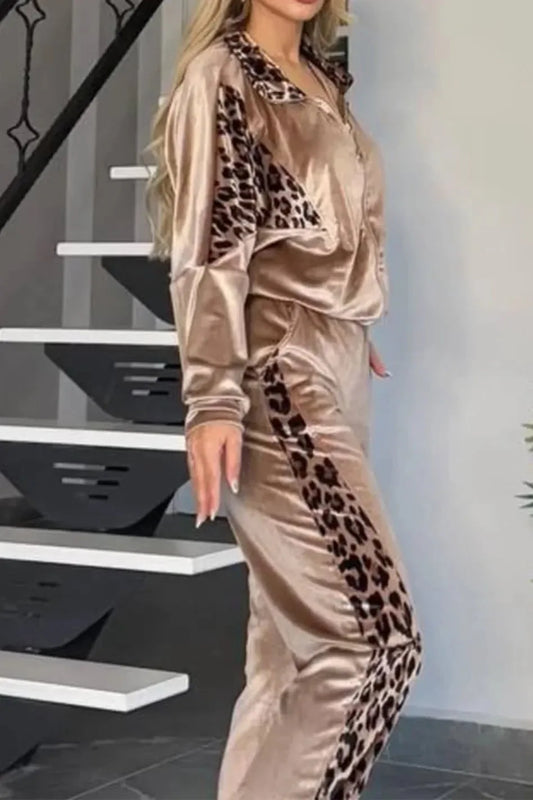 Women's 2-piece Set Retro Leopard Print Zipper Bomber Jacket Sweatshirt + High-waisted Trousers Sets Women's Velvet Pants Suit