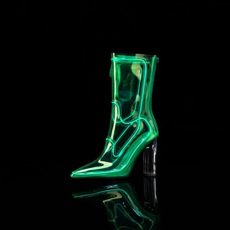 LED Light-Up Transparent PVC Luminous Fashion YK2 Ankle Boots Women Chunky Block Heel Pointed Toe Halloween Party Stage BootF491