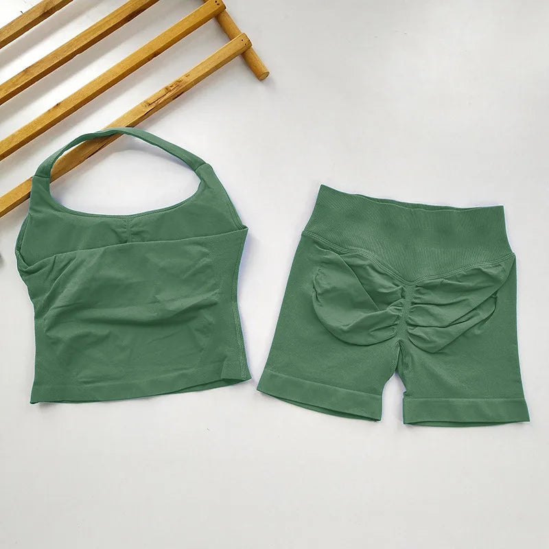 VEQKING Seamless 2pcs Women Yoga Sets Open Back Longline Sports Halter Bras Running Tank Tops Scrunch Butt Gym Workourt Shorts