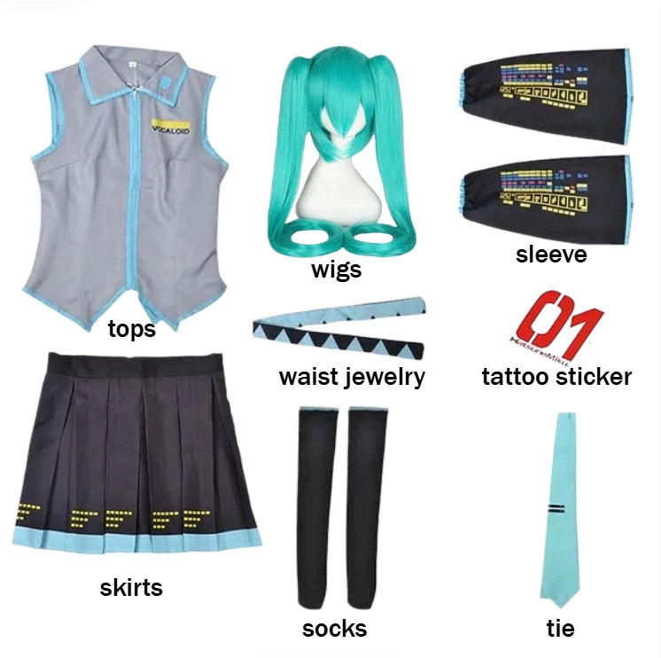 Miku Cosplay Costume Green Ponytail Wig Anime Virtual Singer Role Playing Uniform Girl Party Comic Con Outfits Tops Skirt Props