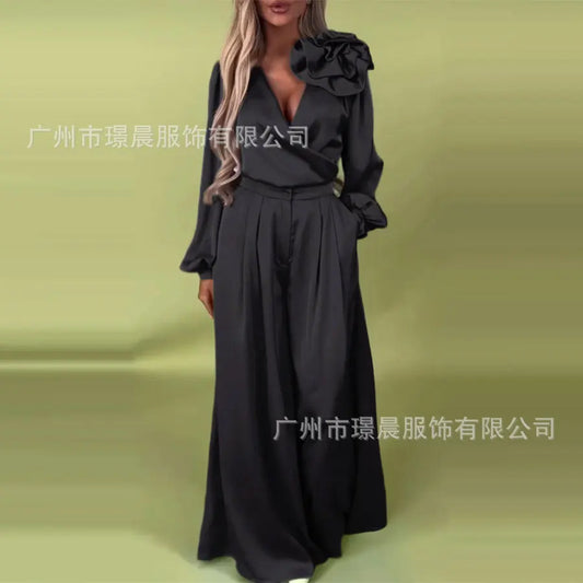 Fashion 2 Piece Set Women Outfit 2025 Apring Summer Casual Long Sleeve V-neck Blouse And Wide Leg Pant Sets Female