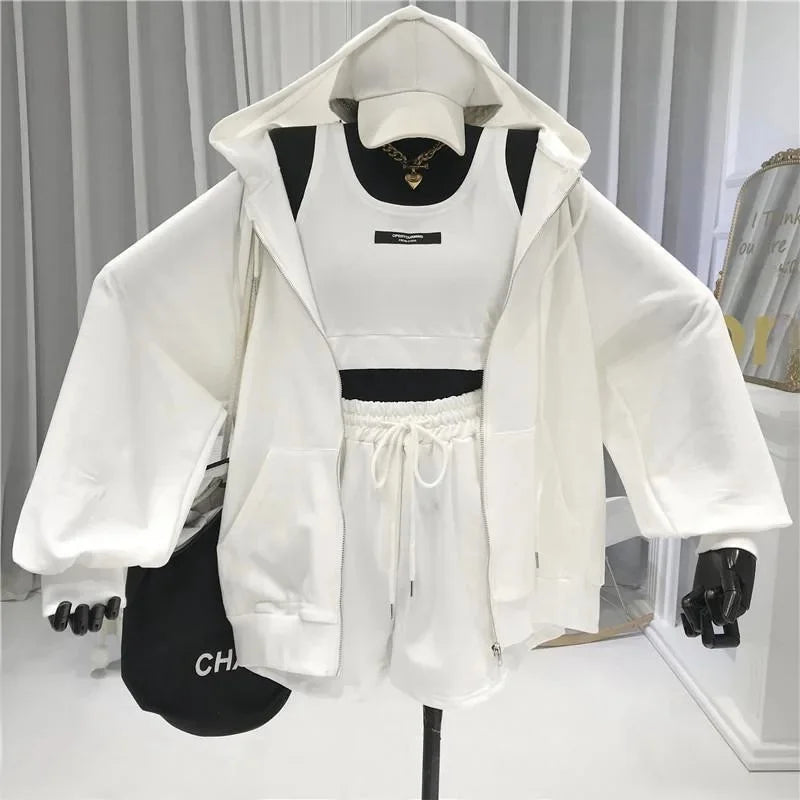 Women's Fashionable Casual Sports Windsuit Spring Autumn Collection Age-Reducing Gym Running Sweatshirt Shorts Three-Piece Set