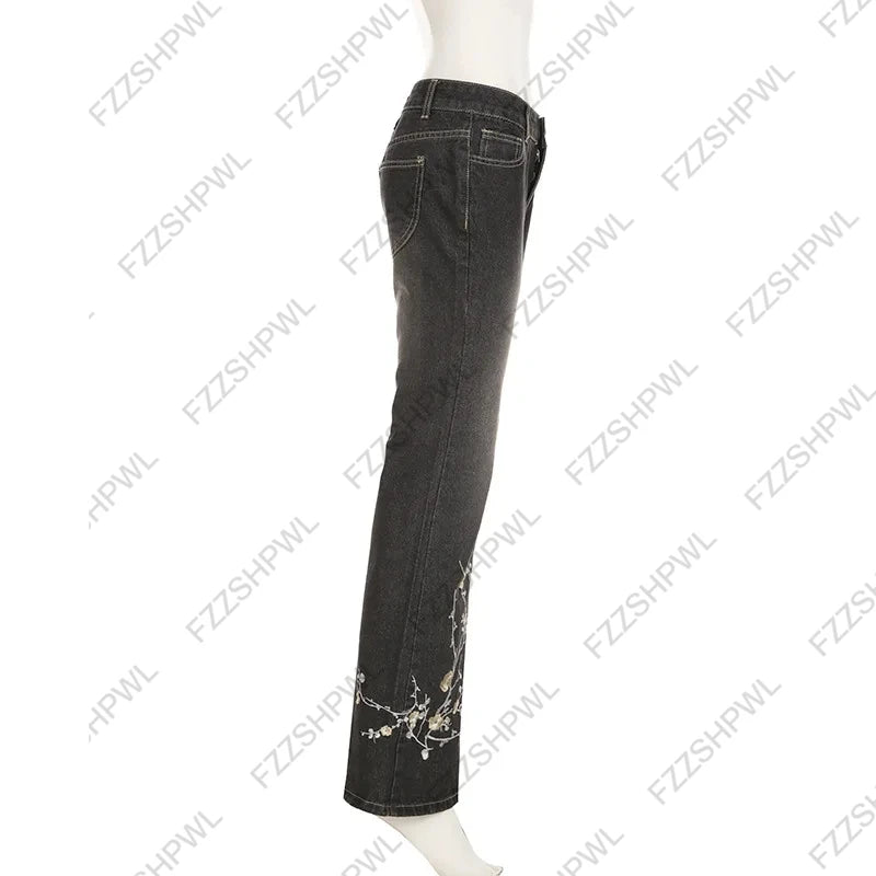 Women's Floral Embroidered Jeans Spring and Autumn Retro Low-Rise Flared Pants Loose Knit Basic Style All-match Streetwear 2000s
