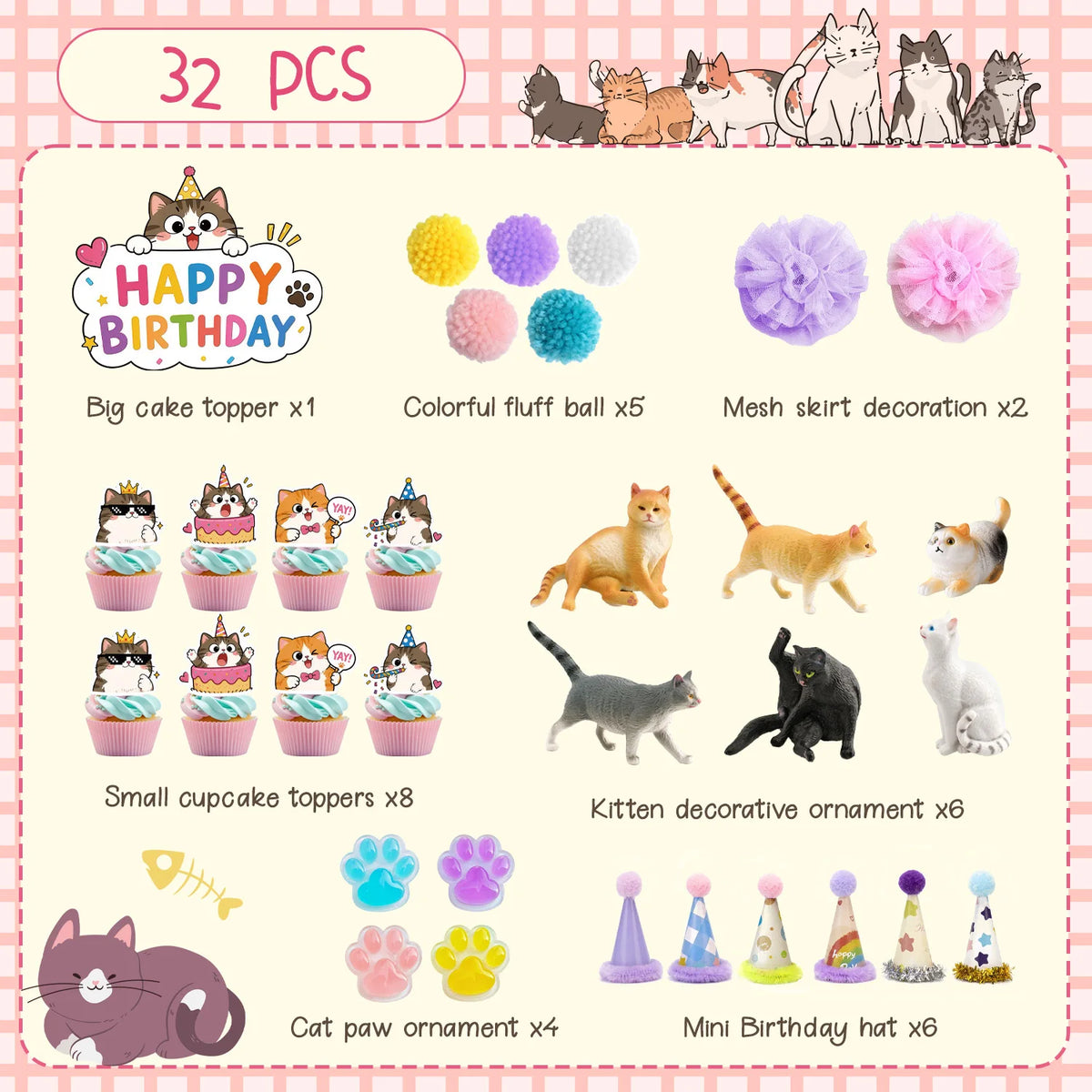 32 Pcs Cat Cake Decorations Set - Cat Party Cupcake Toppers&Cat Cupcake Toppers&Kitten Model Ornament&Cat Paw Cake Decorations etc Cat Birthday Party Decorations