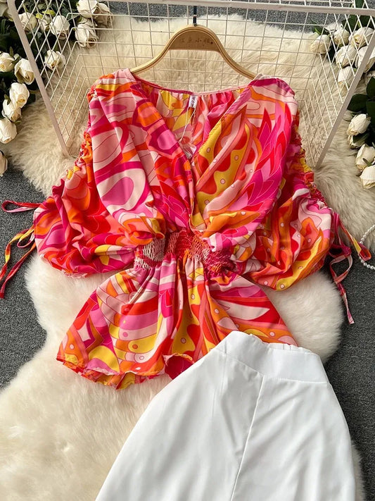 New Summer Women's Fashion Set Beach Vacation Short Sleeve V-neck Waist Loose Shirt Wide Leg Pants Two Piece Set A77