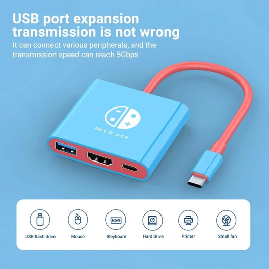 Portable Switch Docking Station TYPE-C Hub with HDMI and USB 3.0 Perfect for Travel and Gaming