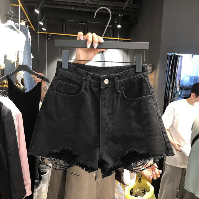 Trendy Women's Ripped Loose Fit High Waist Cotton Stretch Denim Shorts Frayed Hem A-Line Style Korean Version Summer Hot Pants