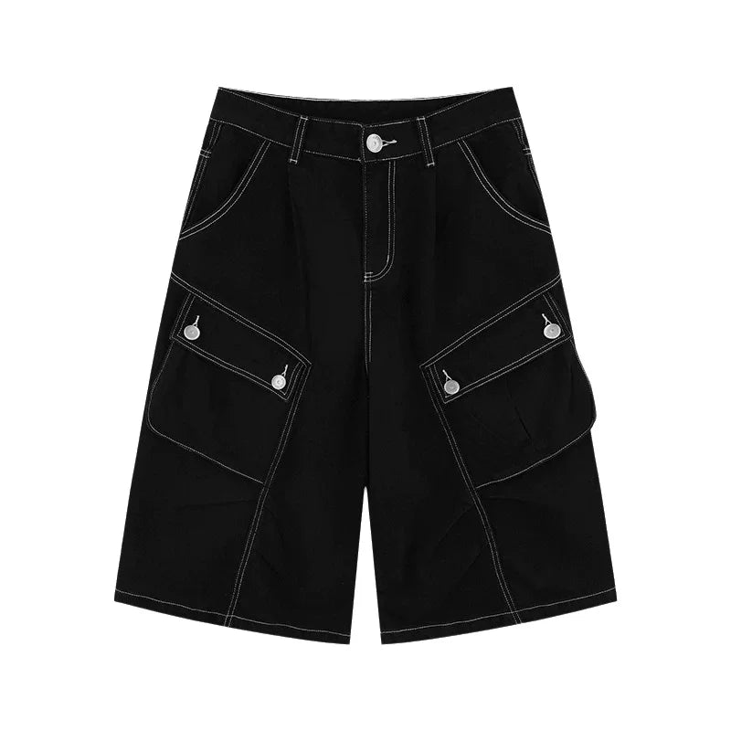Retro American Washed Multi-Pocket Workwear Denim Shorts Unisex Black Summer Street Loose Seven-Foot Trendy Jeans Cotton