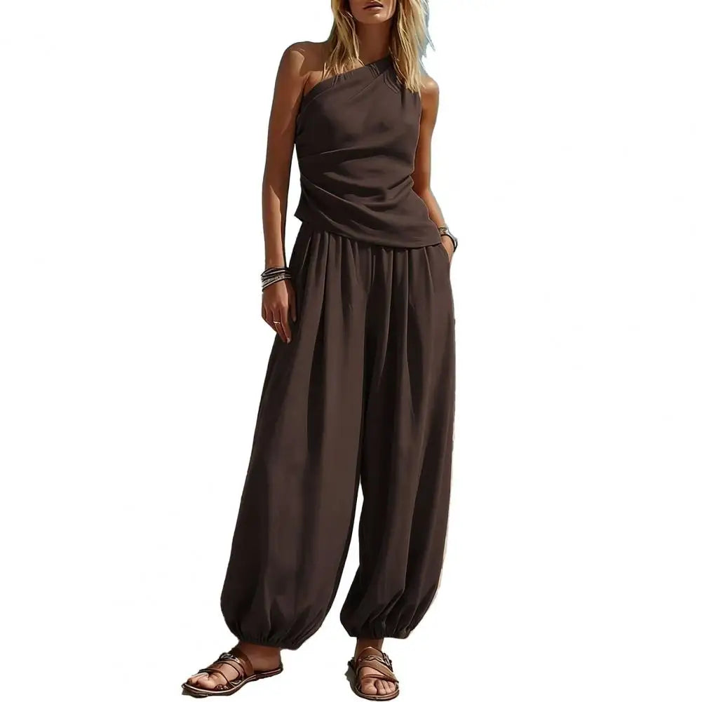 Summer Women Outfit Tank Top Pants Two Piece Set One-shoulder Sleeveless Shirt Solid Color Loose Casual Top Pants Suit