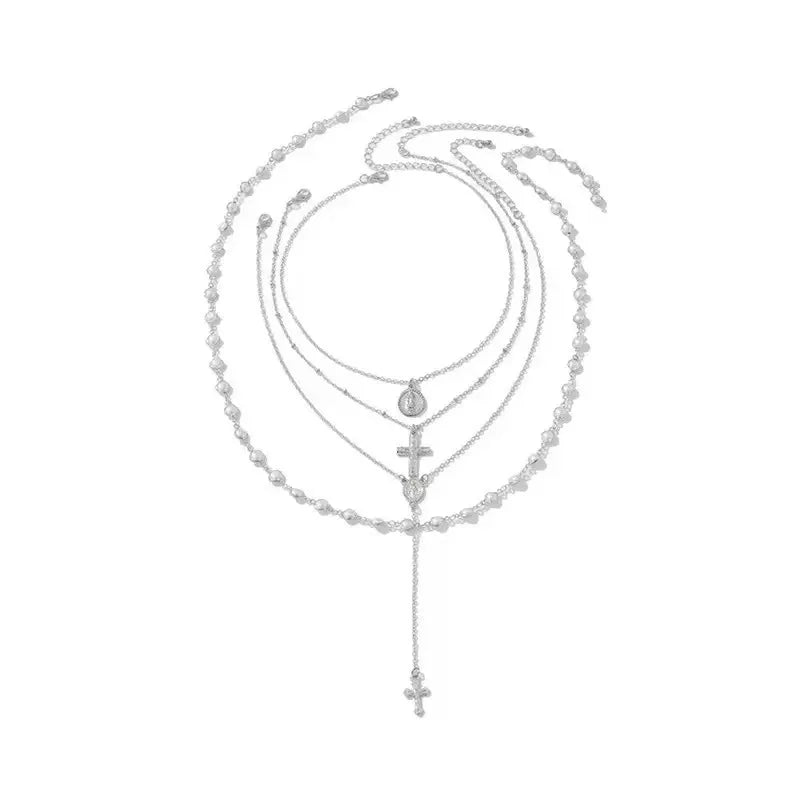2026 Trendy Cross Pearl Vintage Multi Layer Bead Necklace Set For Women Charm Personalized Neck Jewelry Accessories
