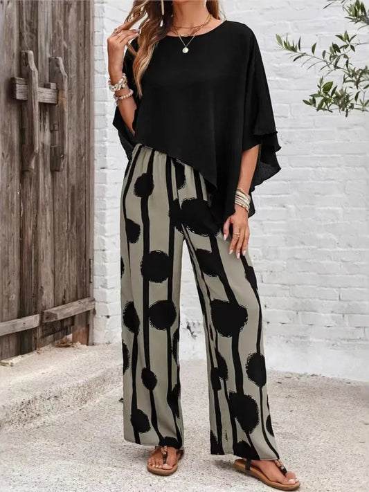 Summer Two Piece Set Printing Loose Casual Wide Leg Pants Loose Bat Short Sleeve Top Women Elastic High Waist Fashion Pants Set