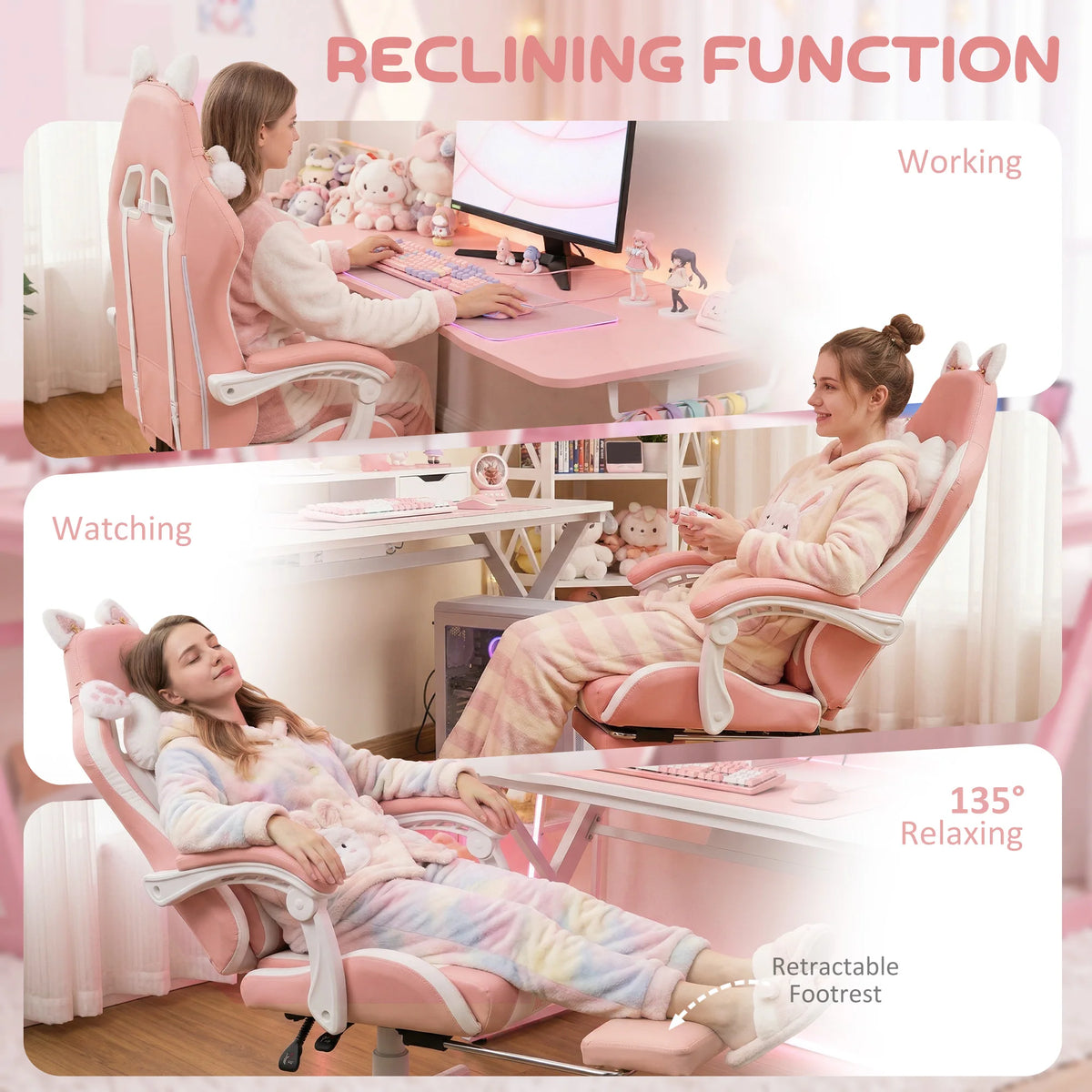 HOMCOM Racing Gaming Chair with Cat Ears, Reclining Faux Leather Computer Chair with Footrest, Lumbar Support and Headrest, Height Adjustable Gamer Chair with Swivel Seat and Wheels, Pink
