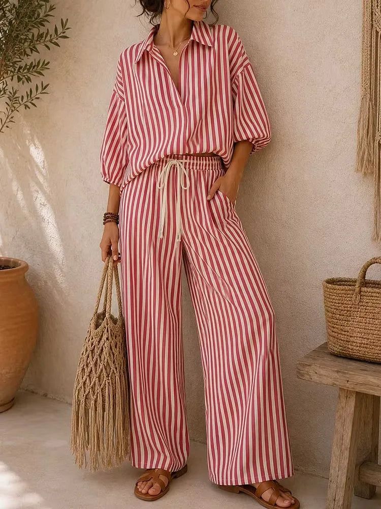 Fashion Stripe Two Piece Set Women Summer Autumn Casual V Neck Long Sleeved Top Wide Leg Pants 2 Piece Suit Women Outfit Sets