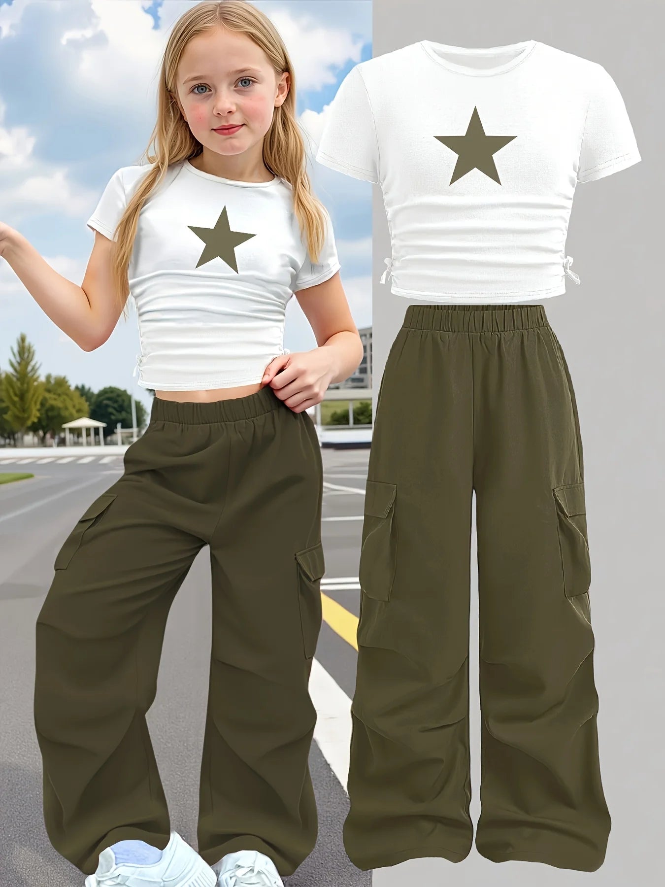 New Summer 2-Piece Set: Star-Print Slim-Fit Crew-Neck Short-Sleeve T-Shirt & Wide-Leg Pants (Stylish Casual Set for Girls)