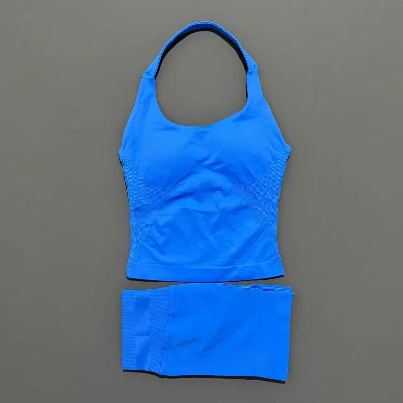 2 Pieces Shorts Yoga Set Women Backless Halter Tops High Waist Seamless Shorts Gym Suit Fitness Sportswear Workout Sets
