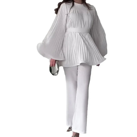 Women's New Autumn Two-piece Set Round Neck Bat-sleeved Pleated Big Swing Frenum Top Temperament Elegant Loose Straight Pants