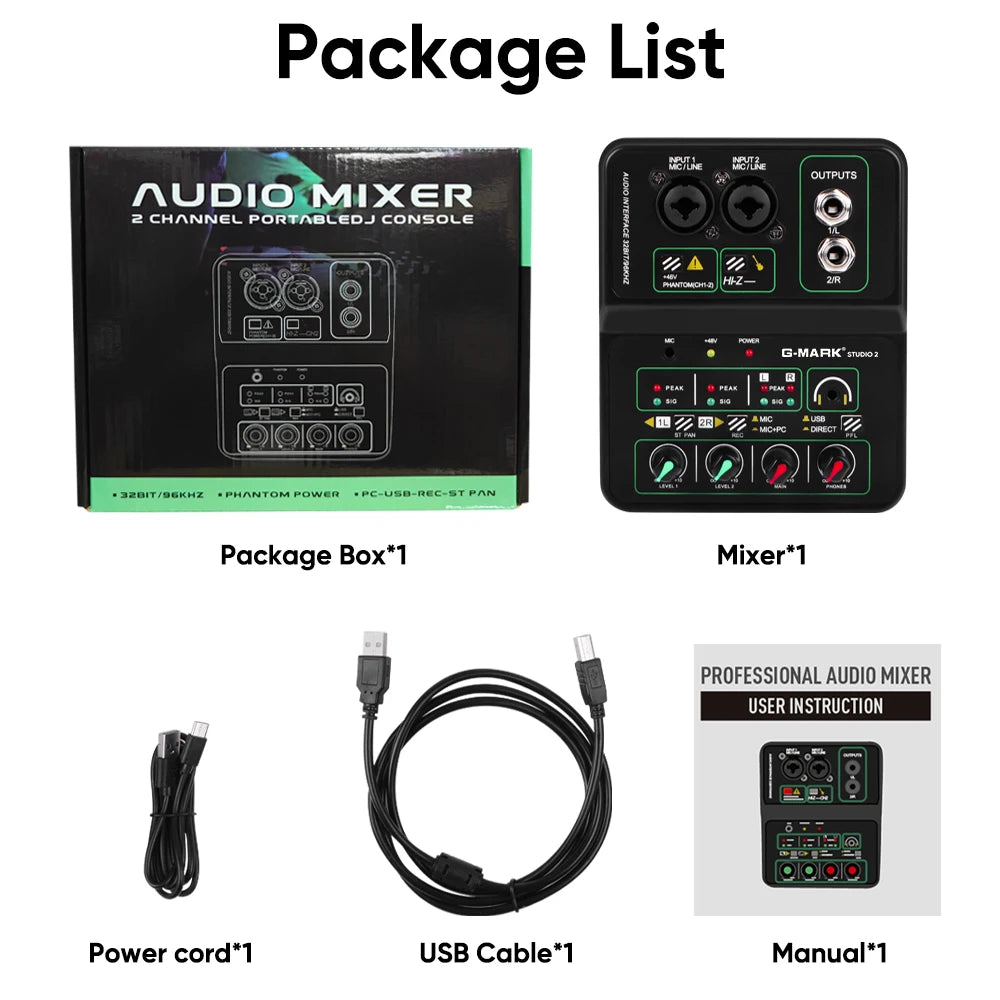 G-MARK Studio 2 Mini 2-Channel Audio Mixer with 48V Phantom Power 32-bit 96kHz Sound Interface for Recording Podcasting Live Streaming And DJ Parties