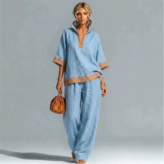 Women New Vintage Loose Two Piece Set Summer Sexy Half Zip Top+Wide Leg Pants Casual Elegant Color Blocking Holiday Party Sets