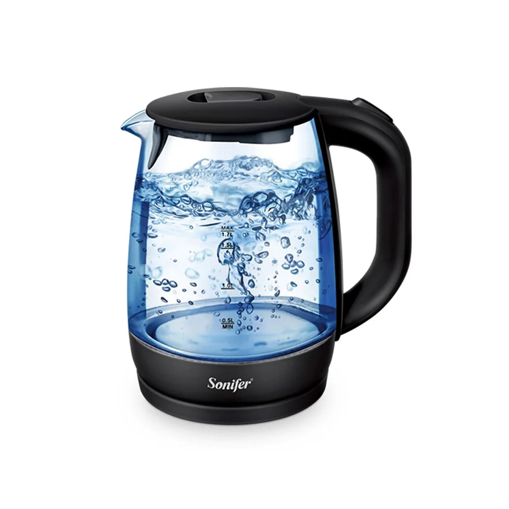 Sonifer 1.7L Glass Electric Kettle SF-2079, 2200W Fast Boil, Cordless, Blue LED Light, Auto Shut-Off, Dry Boil Protection