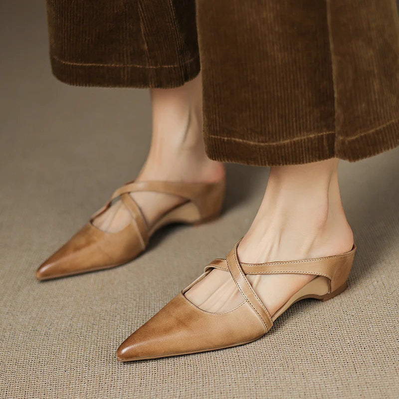 2026 New Summer Women Mules Genuine Leather Women Shoes Pointed Toe Low Heel Cover Toe Slingback Modern Slippers Ladies Shoes