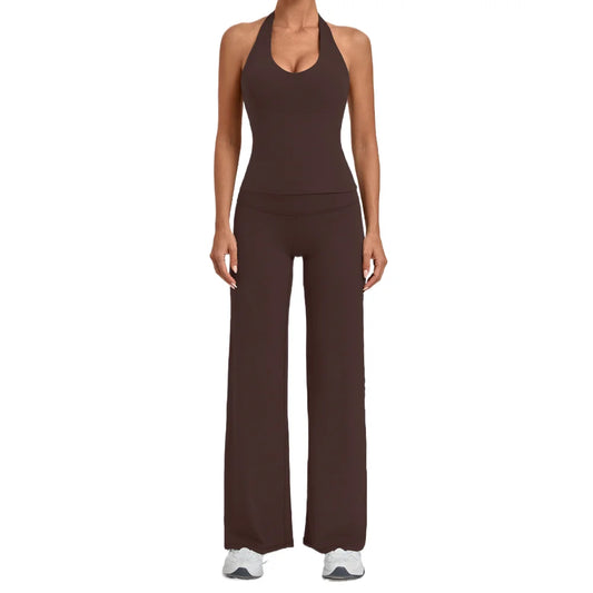 Women Halter V Neck 2Pcs Yoga Outfit Backless Crop Top High Waist Flare Pants Soft Stretch Workout Gym Pilates Casual Tracksuit