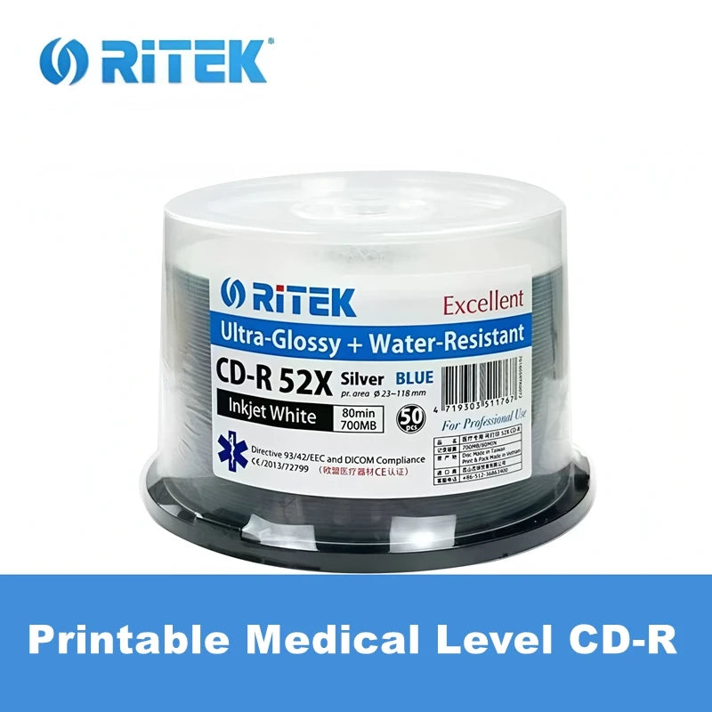 1/4PCS/LOT Ritek Printable Medical Level CD-R Blank Disc Water-resistant Recordable Compact 700MB/80min/52x Music & Data Disc